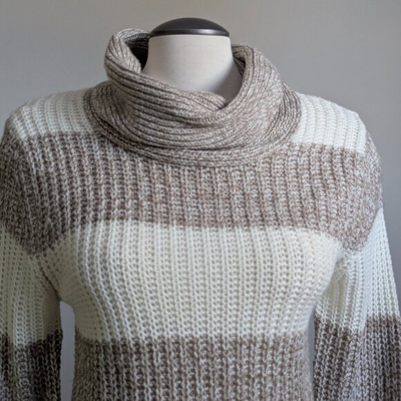 Lily Morgan Striped Turtleneck Sweater Knit Dress Pockets Taupe Cream LG - Picture 2 of 11